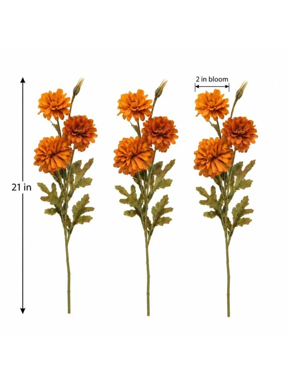 Rust Orange Artificial Mum Stems Set of 3 21 Inch Faux Chrysanthemum Flowers Fal